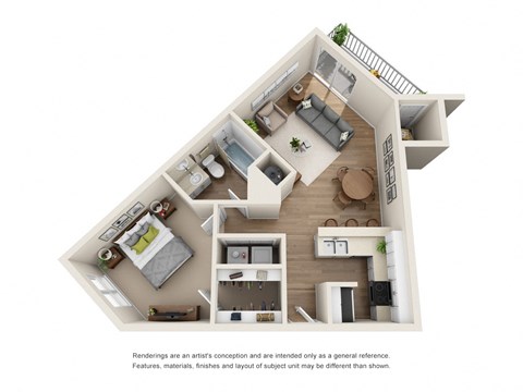 Floor plan for 1 bed, 1 bath, 708 sqft